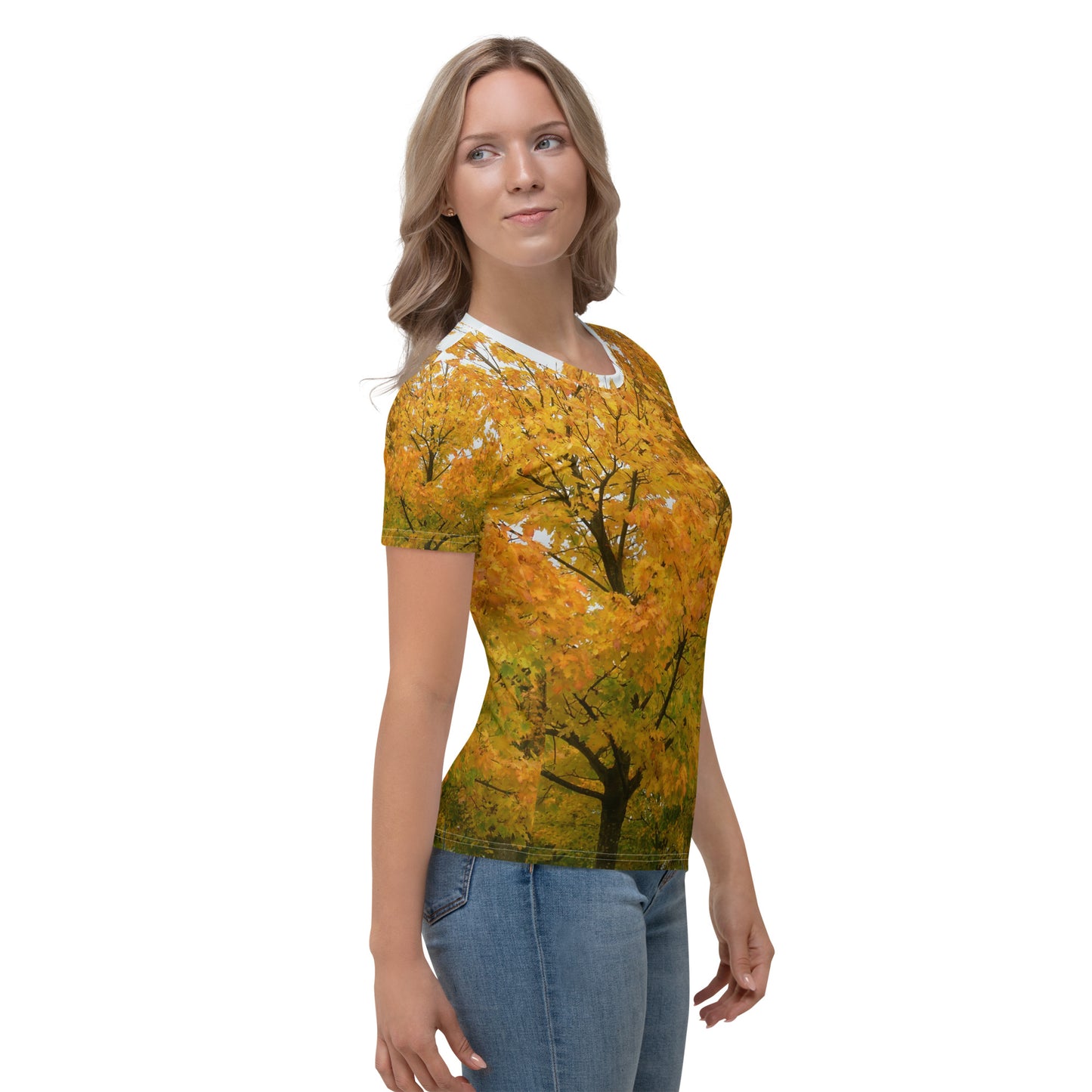 Women's Crew Neck T-Shirt With A Print Of Autumn Leaves Tree 1