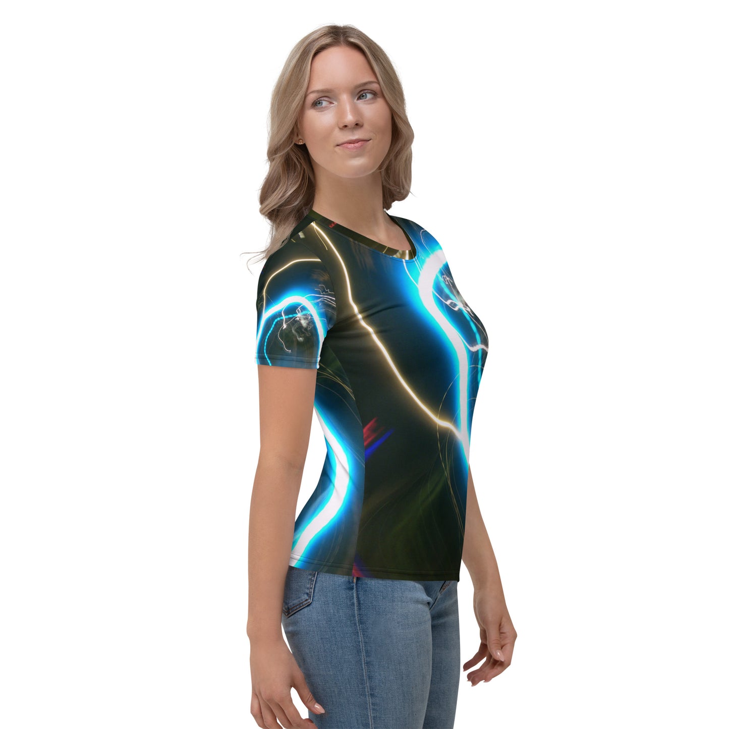 Women's Crew Neck T-Shirt With A Print Of Light Trail 878a1