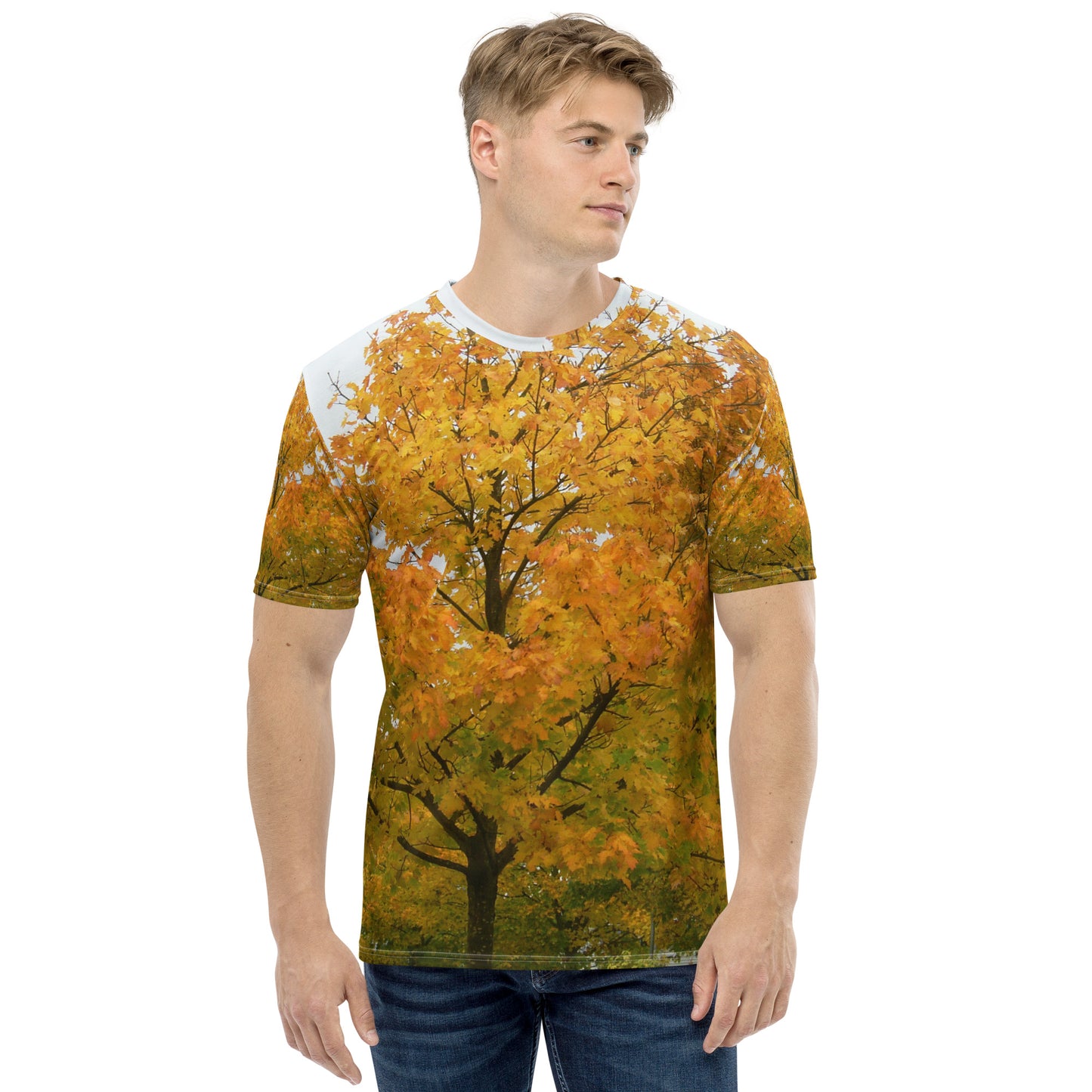 Men's Crew Neck T-Shirt With A Print Of Autumn Leaves Tree 1