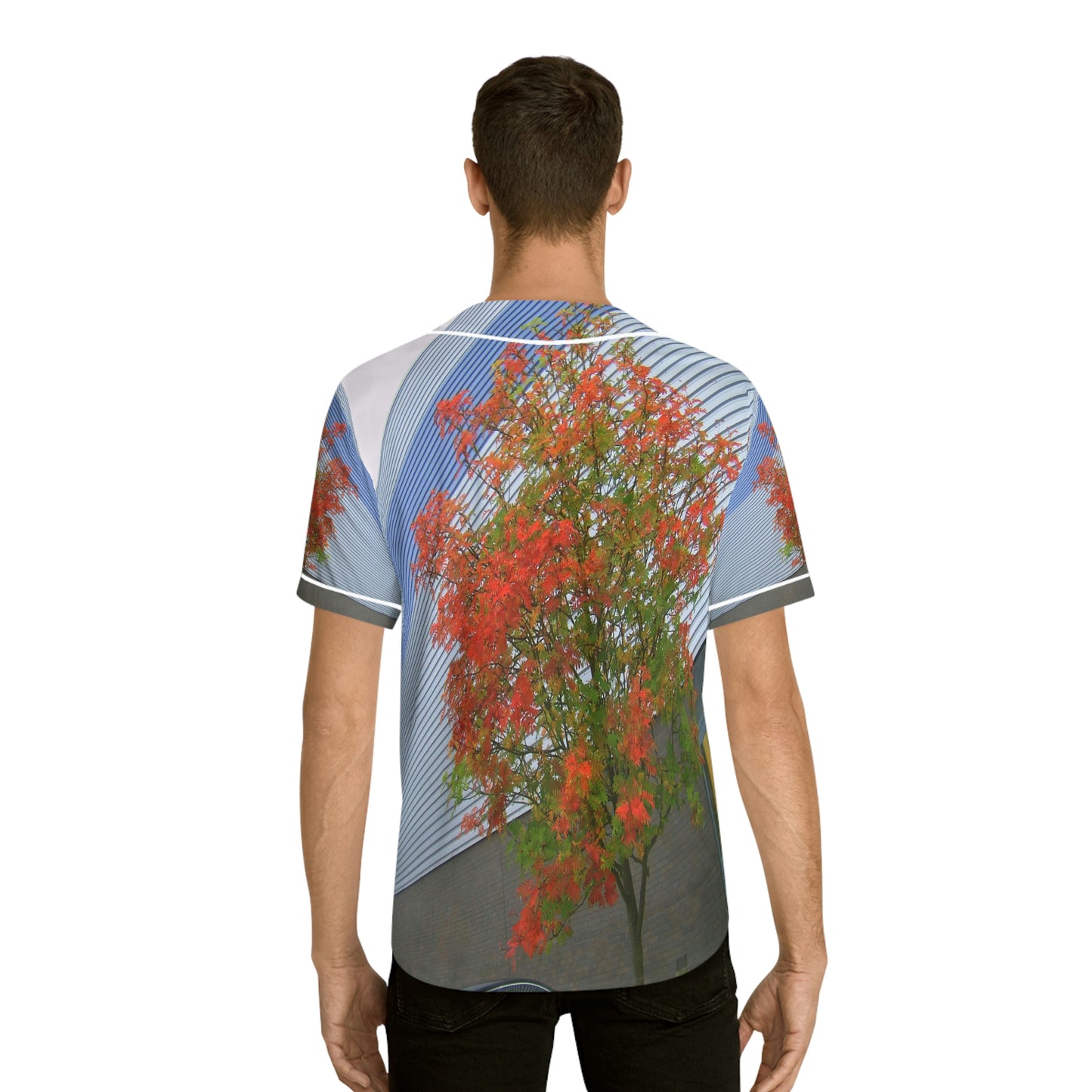 Men's Baseball Jersey With A Print Of Autumn Tree Against Building 1